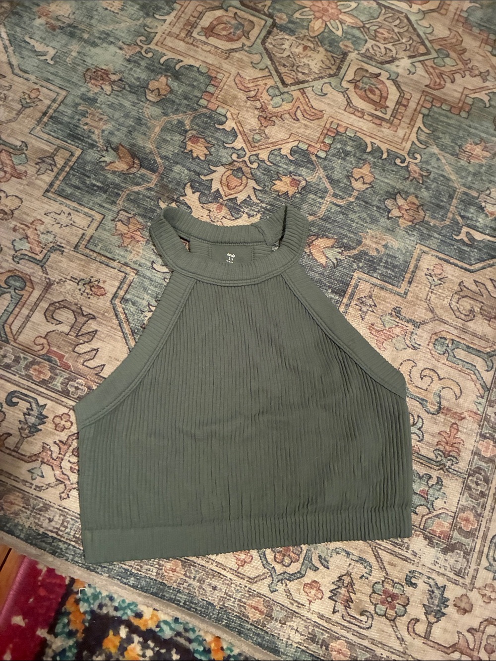aerie Olive Ribbed High-Neck Crop Tank